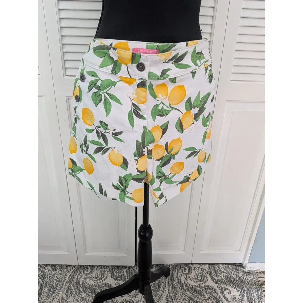 Isaac Mizrahi NY Lemon Print Shorts Women's 8 White Yellow Cotton Stretch Preppy